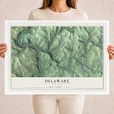 Delaware, New York map print, 18" x 24" W/ White Ayous Wood Frame mockup