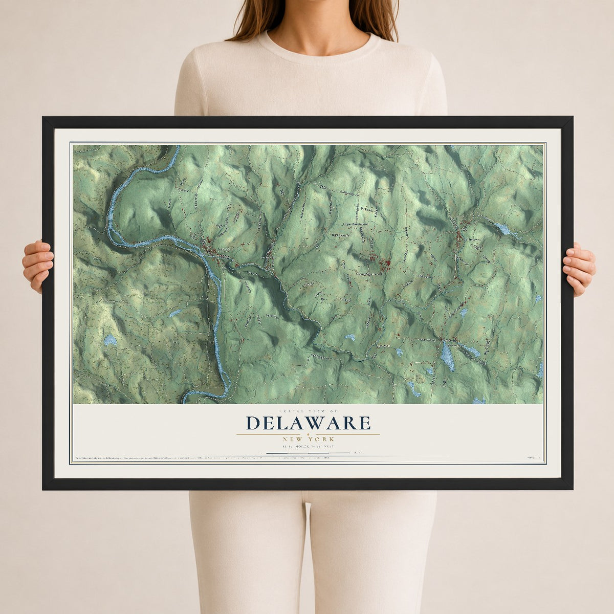 Delaware, New York map print, 24" x 36" W/ Black Ayous Wood Frame mockup