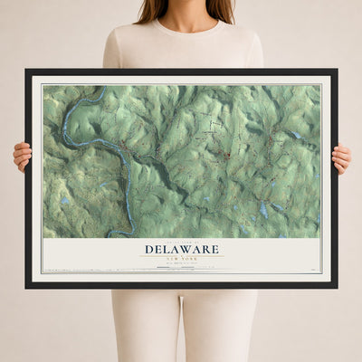 Delaware, New York map print, 24" x 36" W/ Black Ayous Wood Frame mockup
