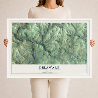 Delaware, New York map print, 24" x 36" W/ White Ayous Wood Frame mockup