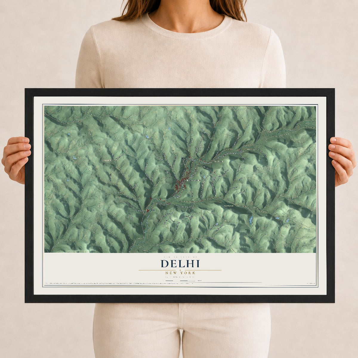Delhi, New York map print, 12" x 18" W/ Black Ayous Wood Frame mockup