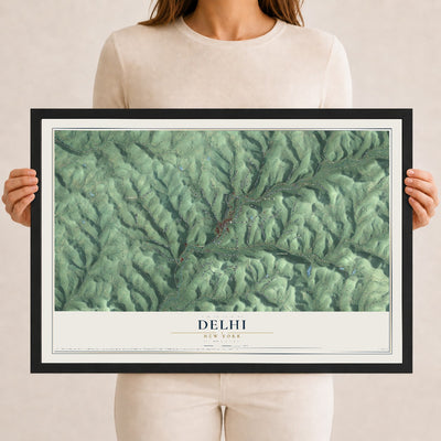 Delhi, New York map print, 12" x 18" W/ Black Ayous Wood Frame mockup