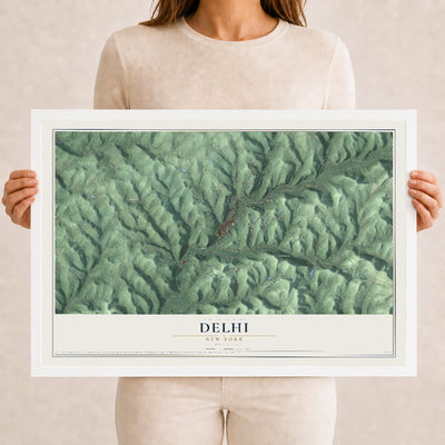 Delhi, New York map print, 12" x 18" W/ White Ayous Wood Frame mockup