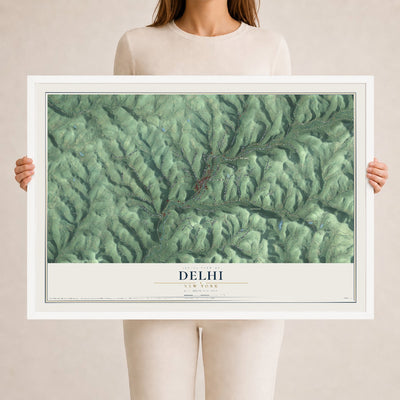 Delhi, New York map print, 24" x 36" W/ White Ayous Wood Frame mockup