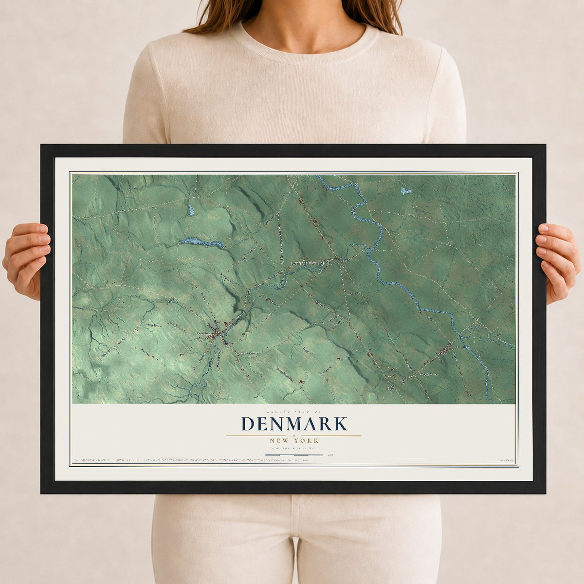 Denmark, New York map print, 12" x 18" W/ Black Ayous Wood Frame mockup