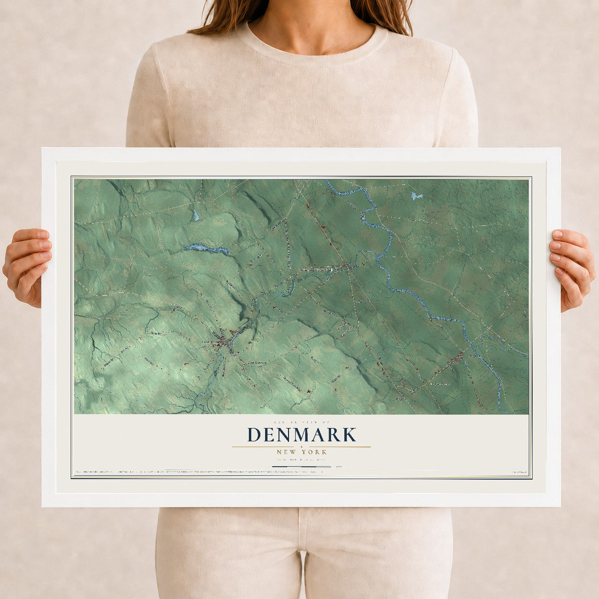 Denmark, New York map print, 12" x 18" W/ White Ayous Wood Frame mockup