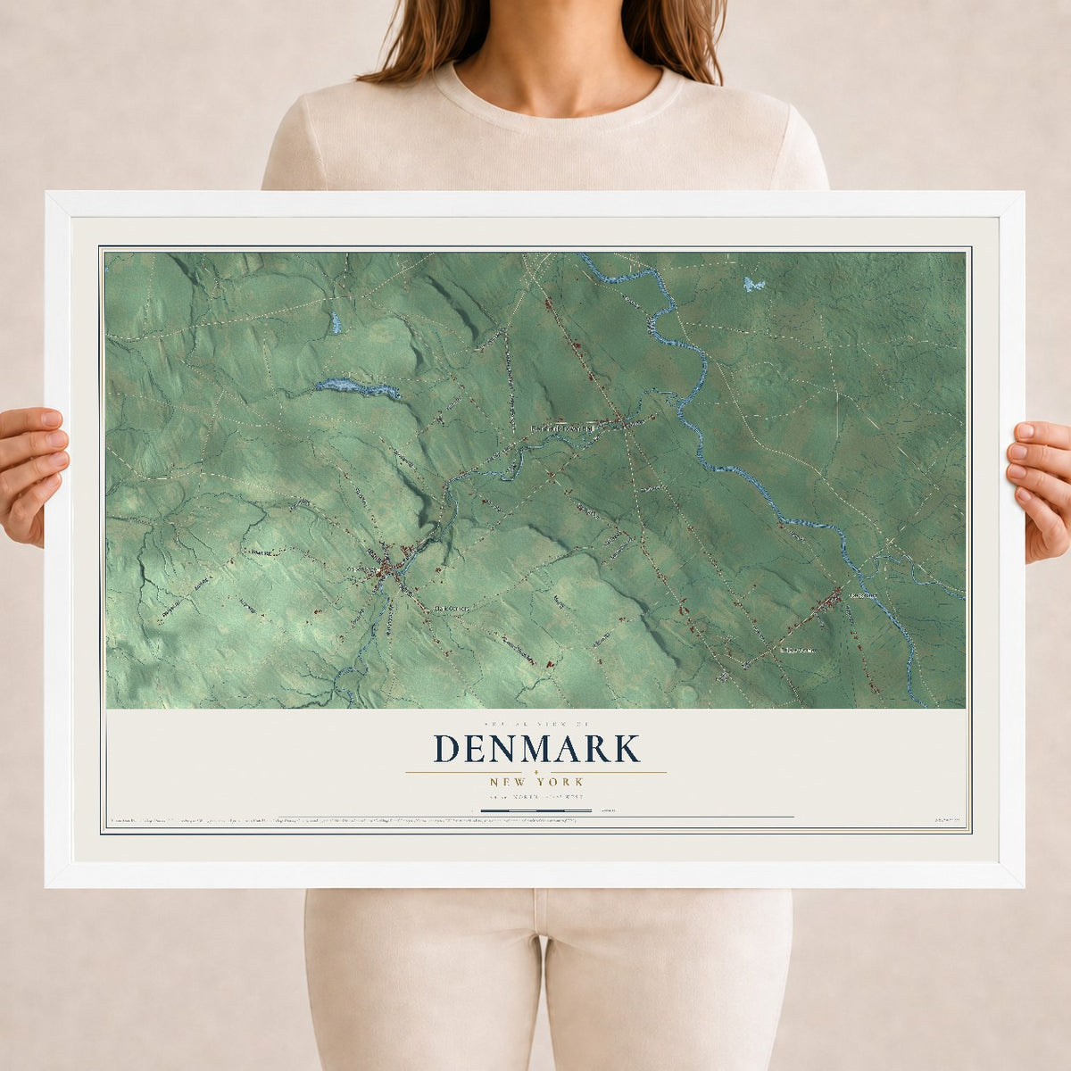 Denmark, New York map print, 18" x 24" W/ White Ayous Wood Frame mockup