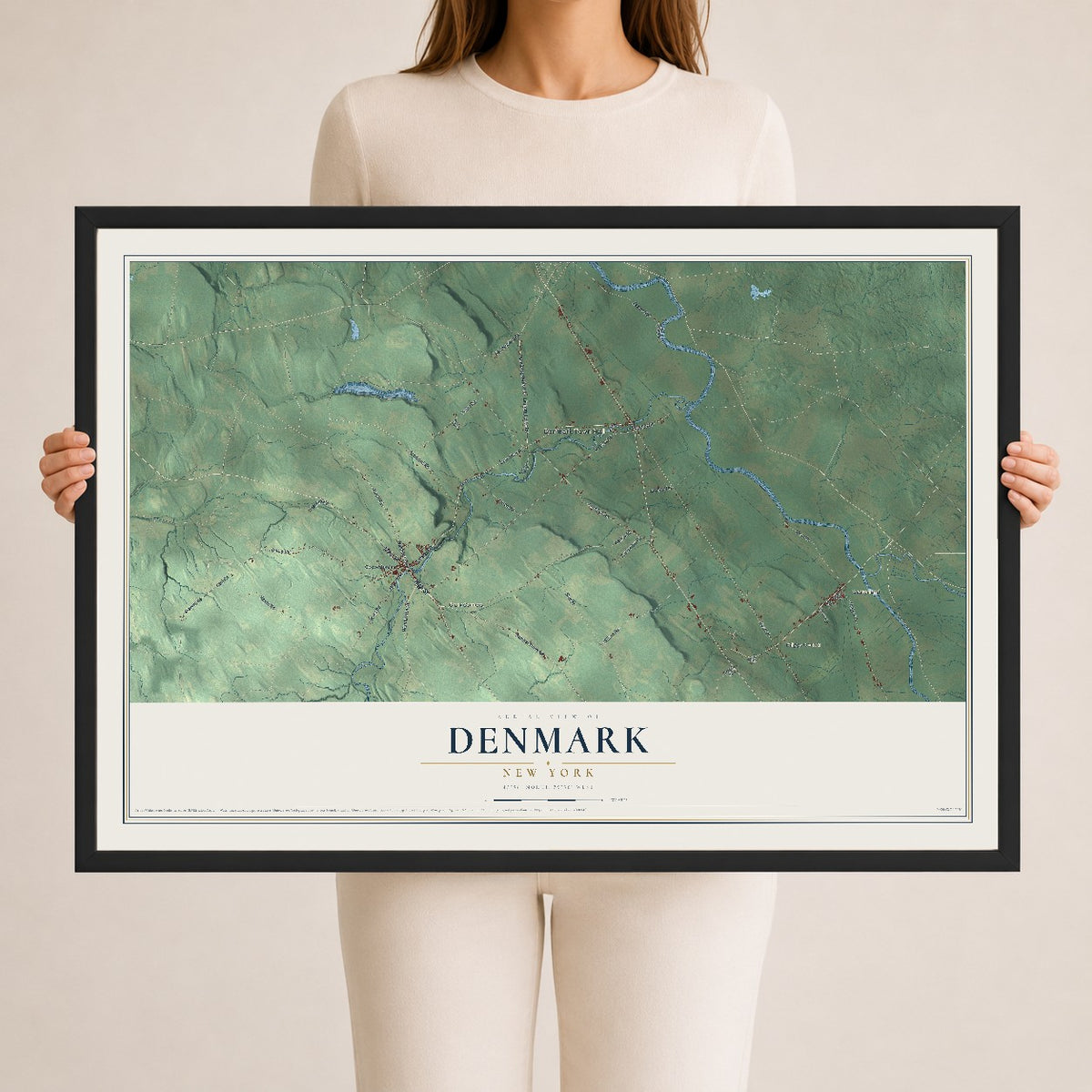 Denmark, New York map print, 24" x 36" W/ Black Ayous Wood Frame mockup