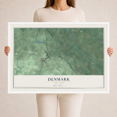 Denmark, New York map print, 24" x 36" W/ White Ayous Wood Frame mockup