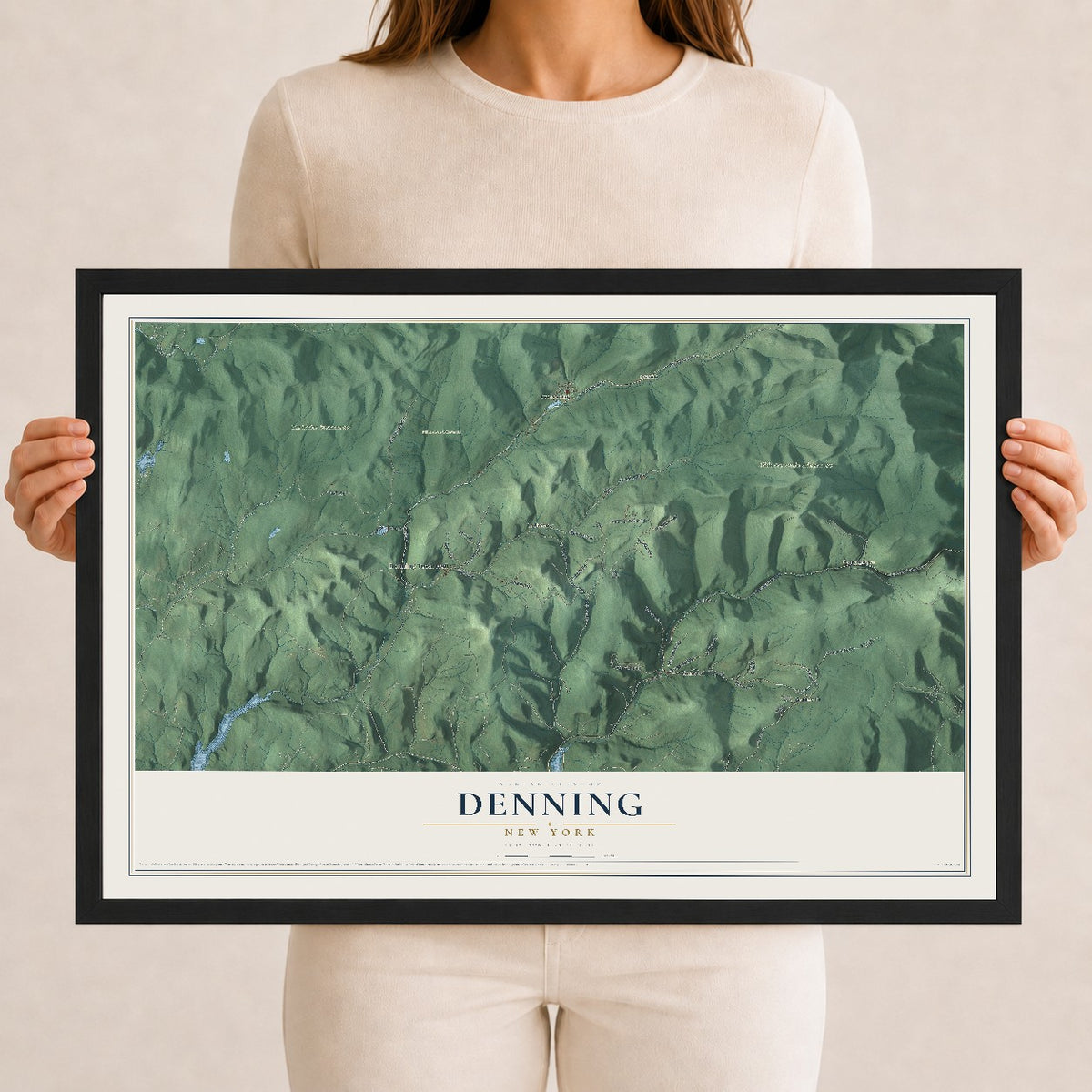 Denning, New York map print, 12" x 18" W/ Black Ayous Wood Frame mockup