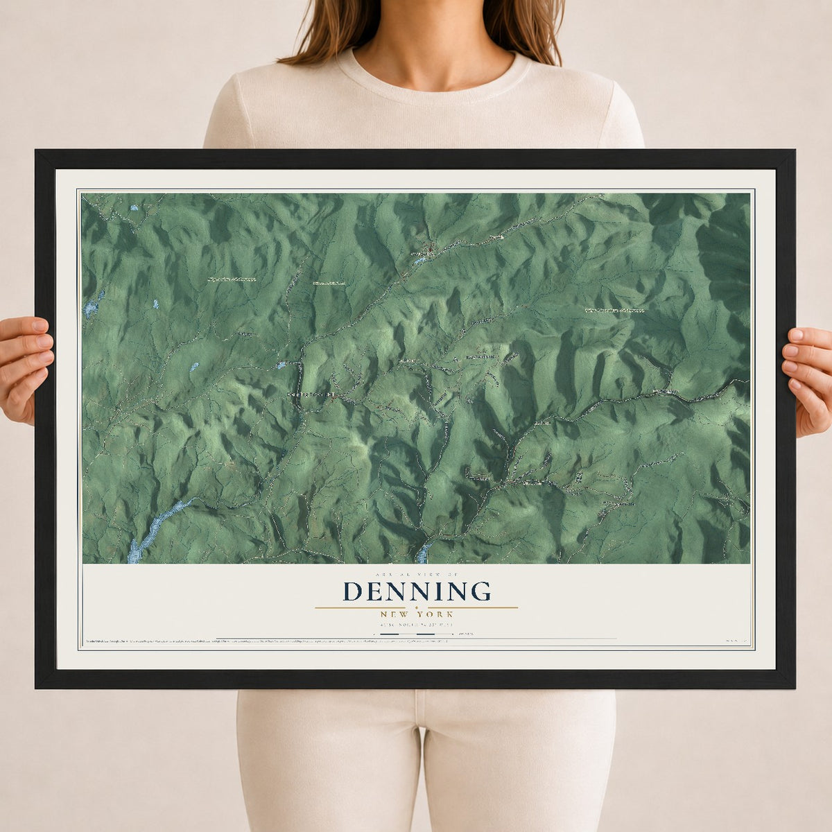 Denning, New York map print, 18" x 24" W/ Black Ayous Wood Frame mockup