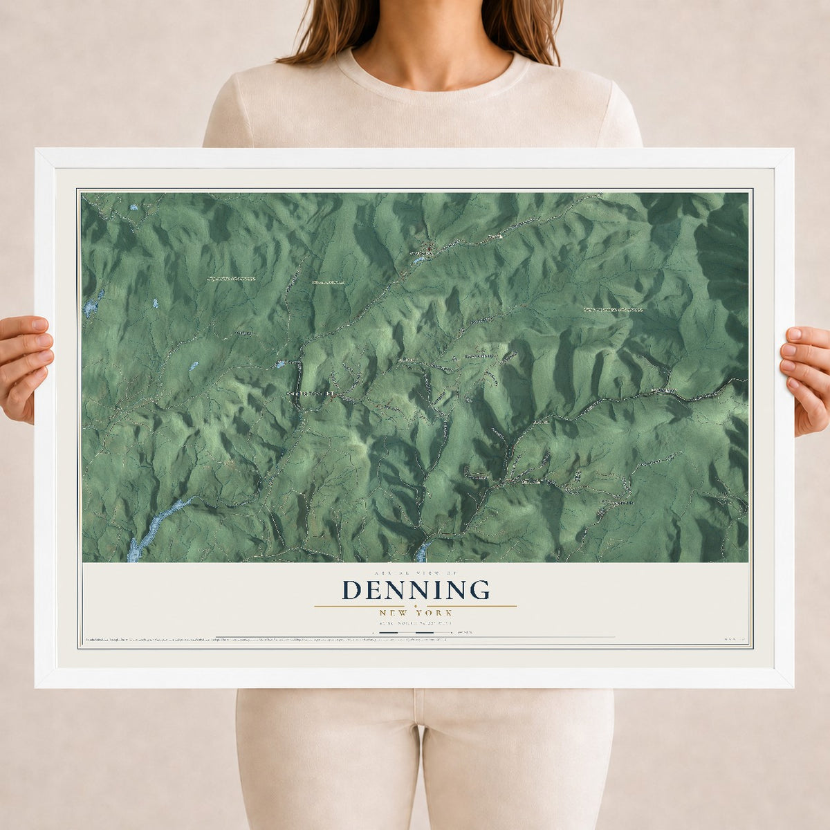 Denning, New York map print, 18" x 24" W/ White Ayous Wood Frame mockup