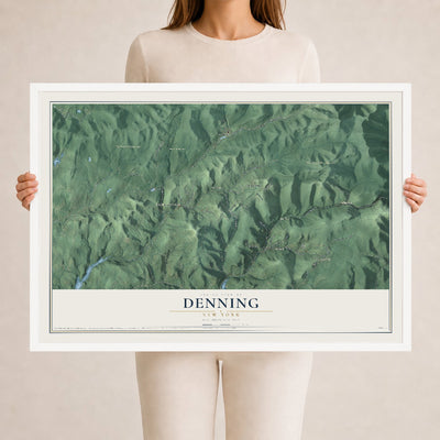 Denning, New York map print, 24" x 36" W/ White Ayous Wood Frame mockup