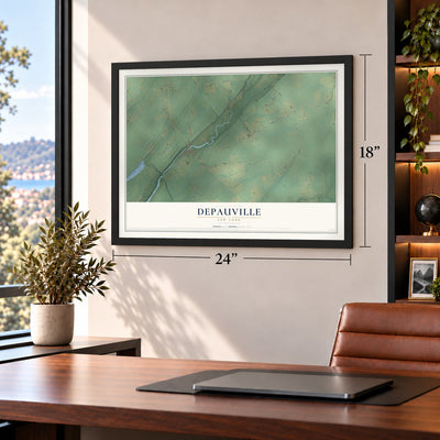 Depauville, New York map, 18 x 24 inch print in a black frame in a home office