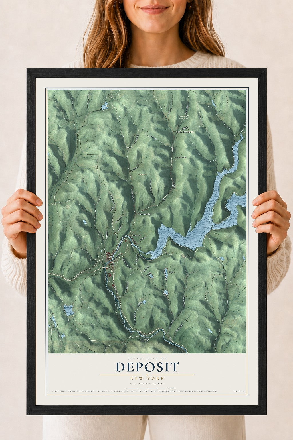 Deposit, New York map print, 18" x 24" W/ Black Ayous Wood Frame mockup