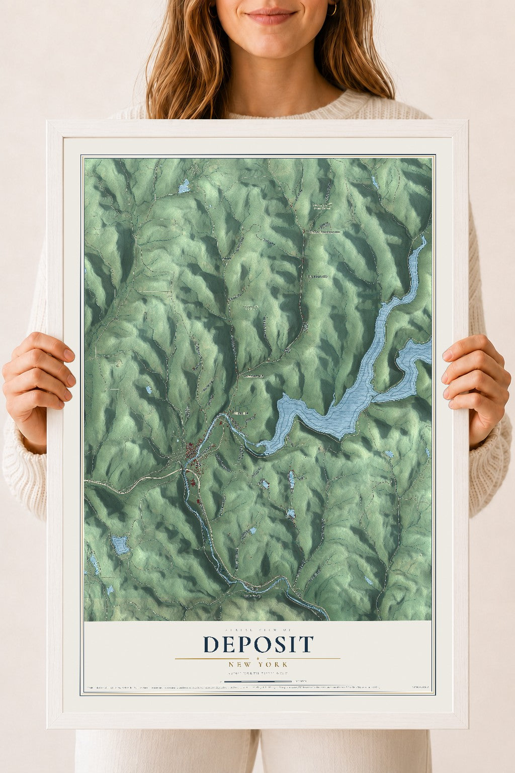 Deposit, New York map print, 18" x 24" W/ White Ayous Wood Frame mockup