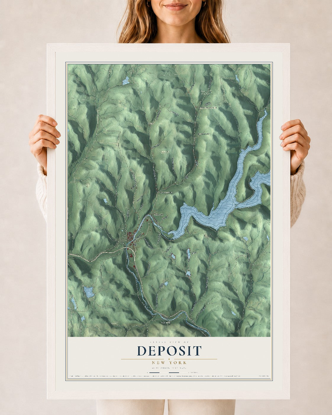 Deposit, New York map print, 24" x 36" W/ White Ayous Wood Frame mockup