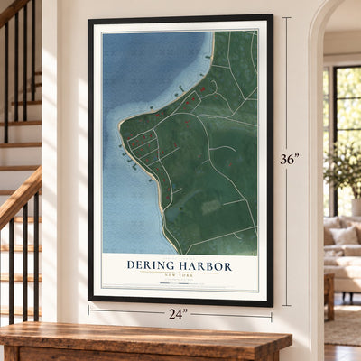 Dering Harbor, New York map, 24 x 36 inch print in a black frame by a staircase