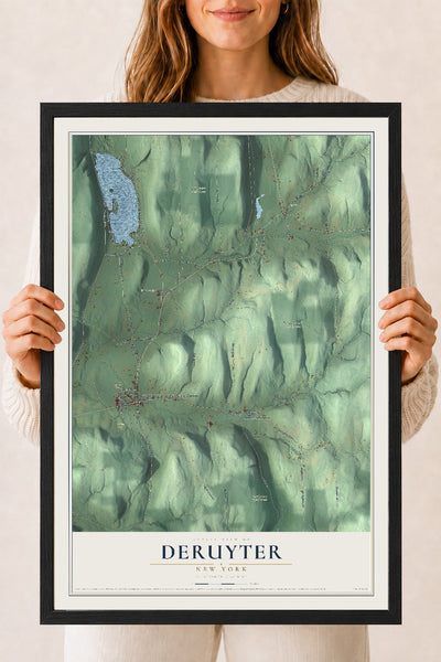 DeRuyter, New York map print, 18" x 24" W/ Black Ayous Wood Frame mockup
