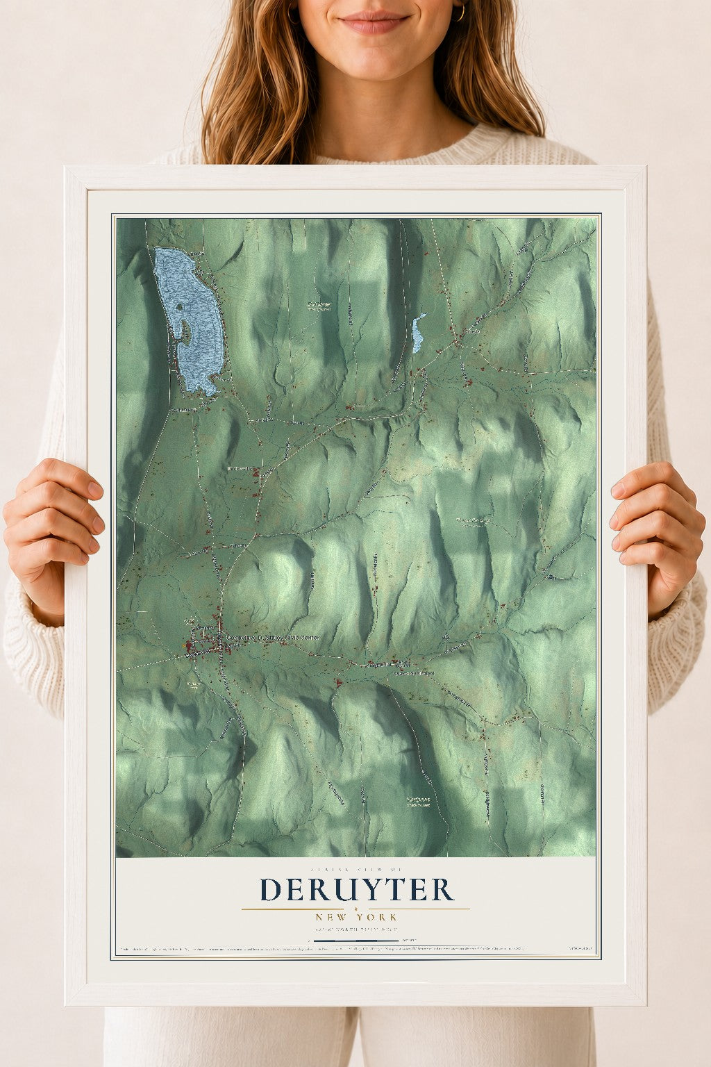 DeRuyter, New York map print, 18" x 24" W/ White Ayous Wood Frame mockup