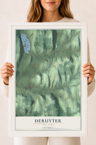 DeRuyter, New York map print, 18" x 24" W/ White Ayous Wood Frame mockup