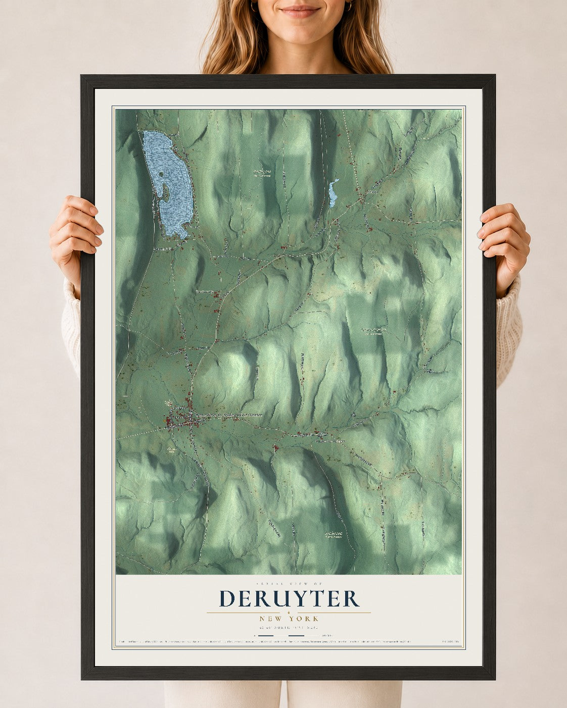 DeRuyter, New York map print, 24" x 36" W/ Black Ayous Wood Frame mockup