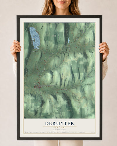 DeRuyter, New York map print, 24" x 36" W/ Black Ayous Wood Frame mockup