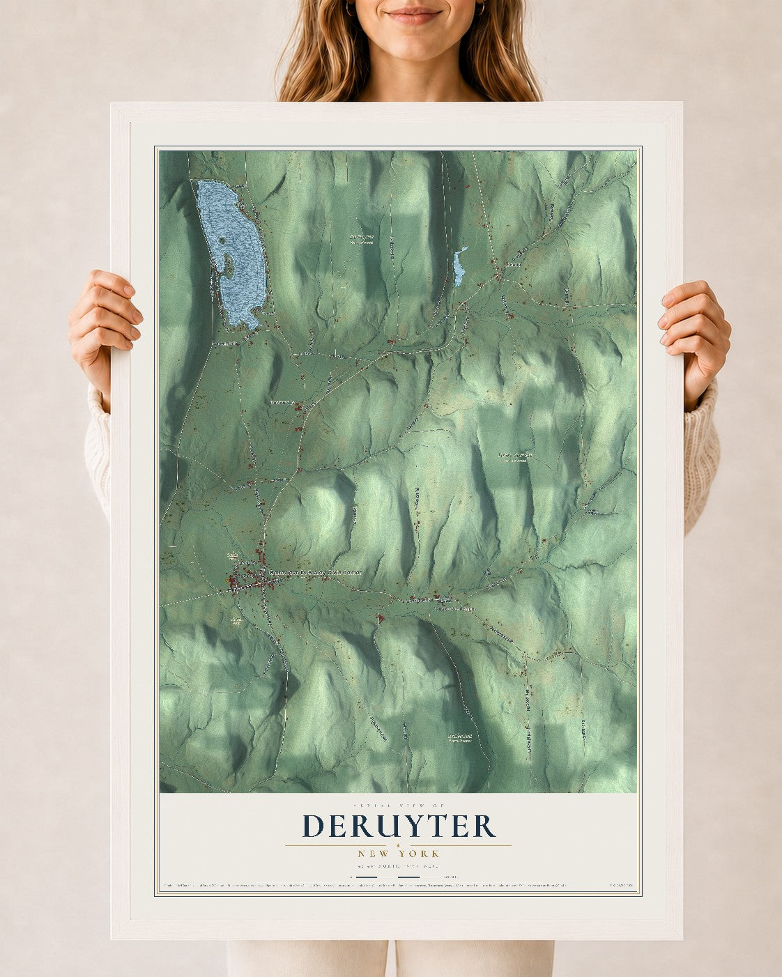 DeRuyter, New York map print, 24" x 36" W/ White Ayous Wood Frame mockup