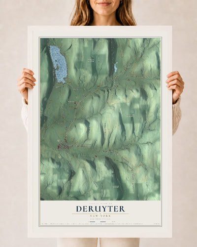 DeRuyter, New York map print, 24" x 36" W/ White Ayous Wood Frame mockup
