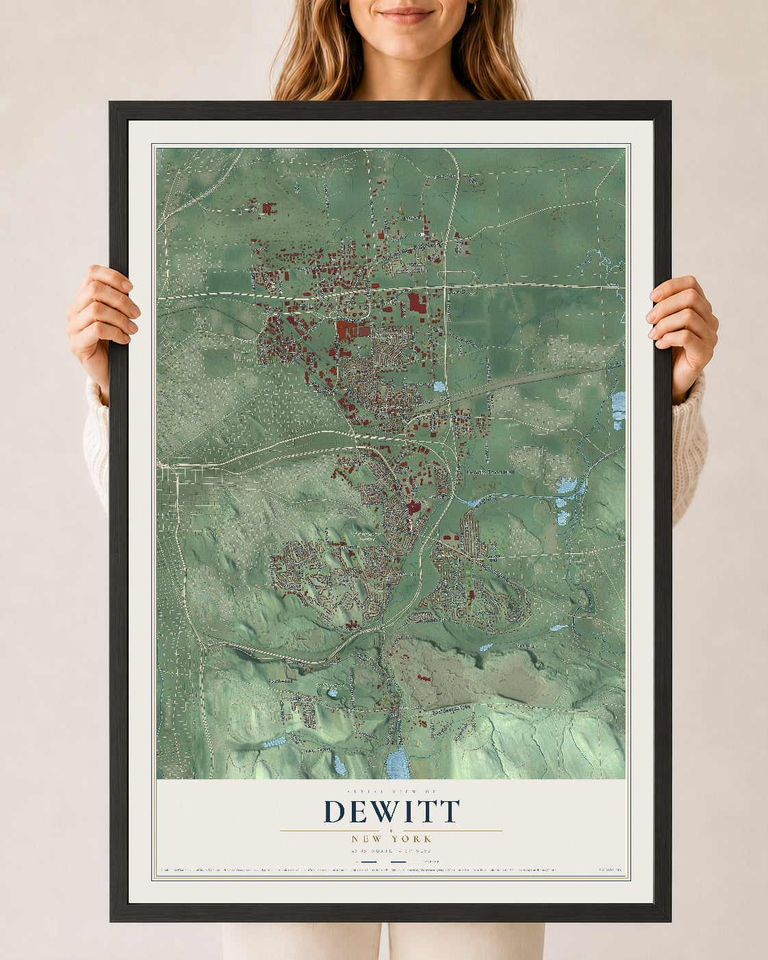 DeWitt, New York map print, 24" x 36" W/ Black Ayous Wood Frame mockup
