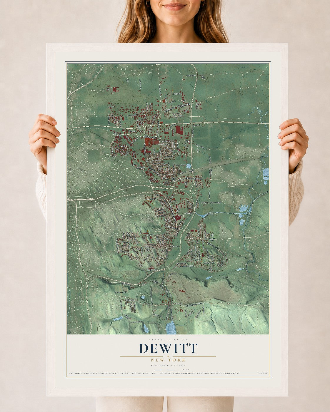 DeWitt, New York map print, 24" x 36" W/ White Ayous Wood Frame mockup