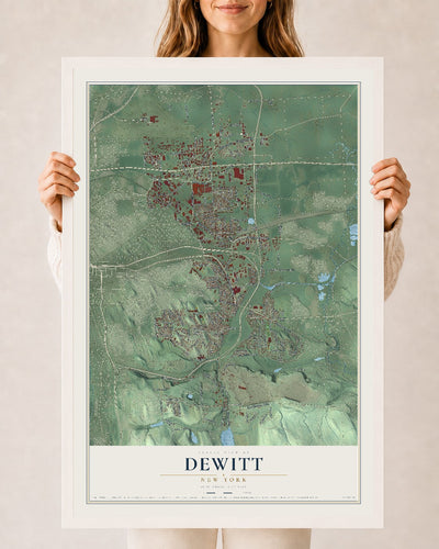 DeWitt, New York map print, 24" x 36" W/ White Ayous Wood Frame mockup