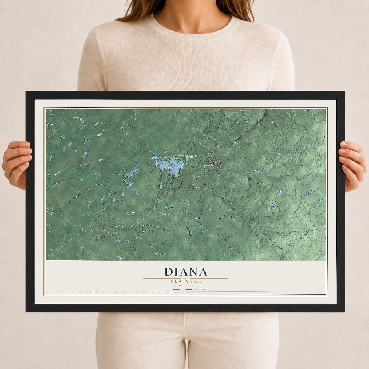 Diana, New York map print, 12" x 18" W/ Black Ayous Wood Frame mockup