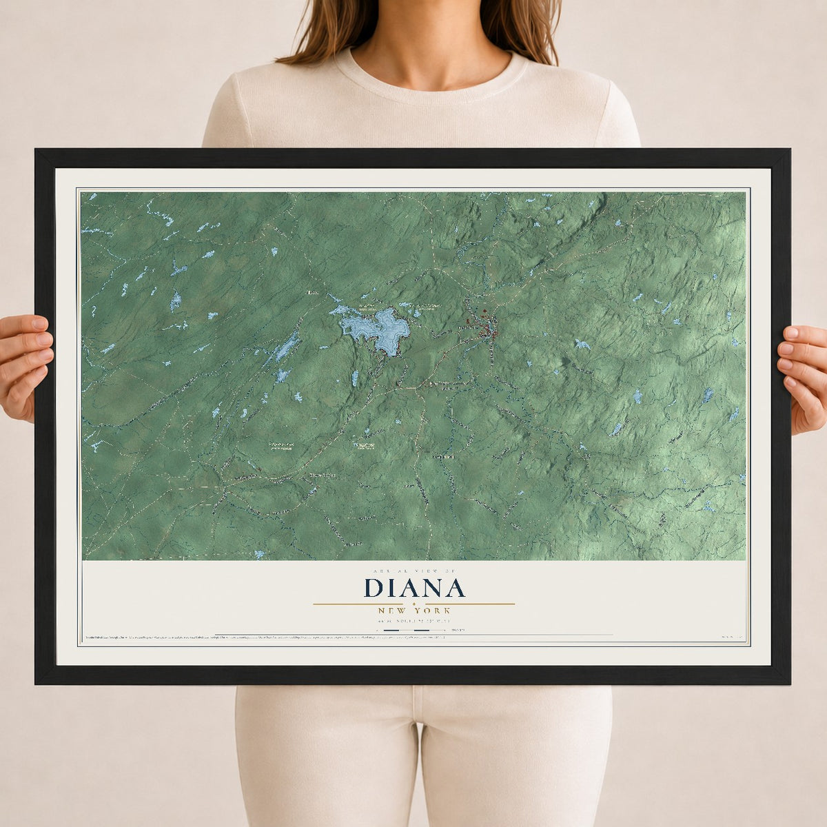 Diana, New York map print, 18" x 24" W/ Black Ayous Wood Frame mockup