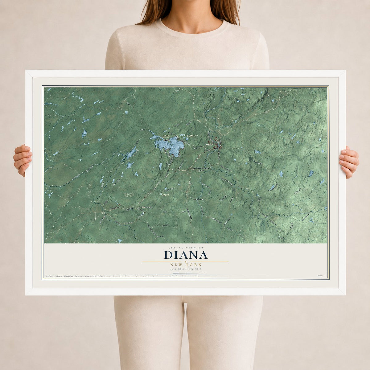 Diana, New York map print, 24" x 36" W/ White Ayous Wood Frame mockup