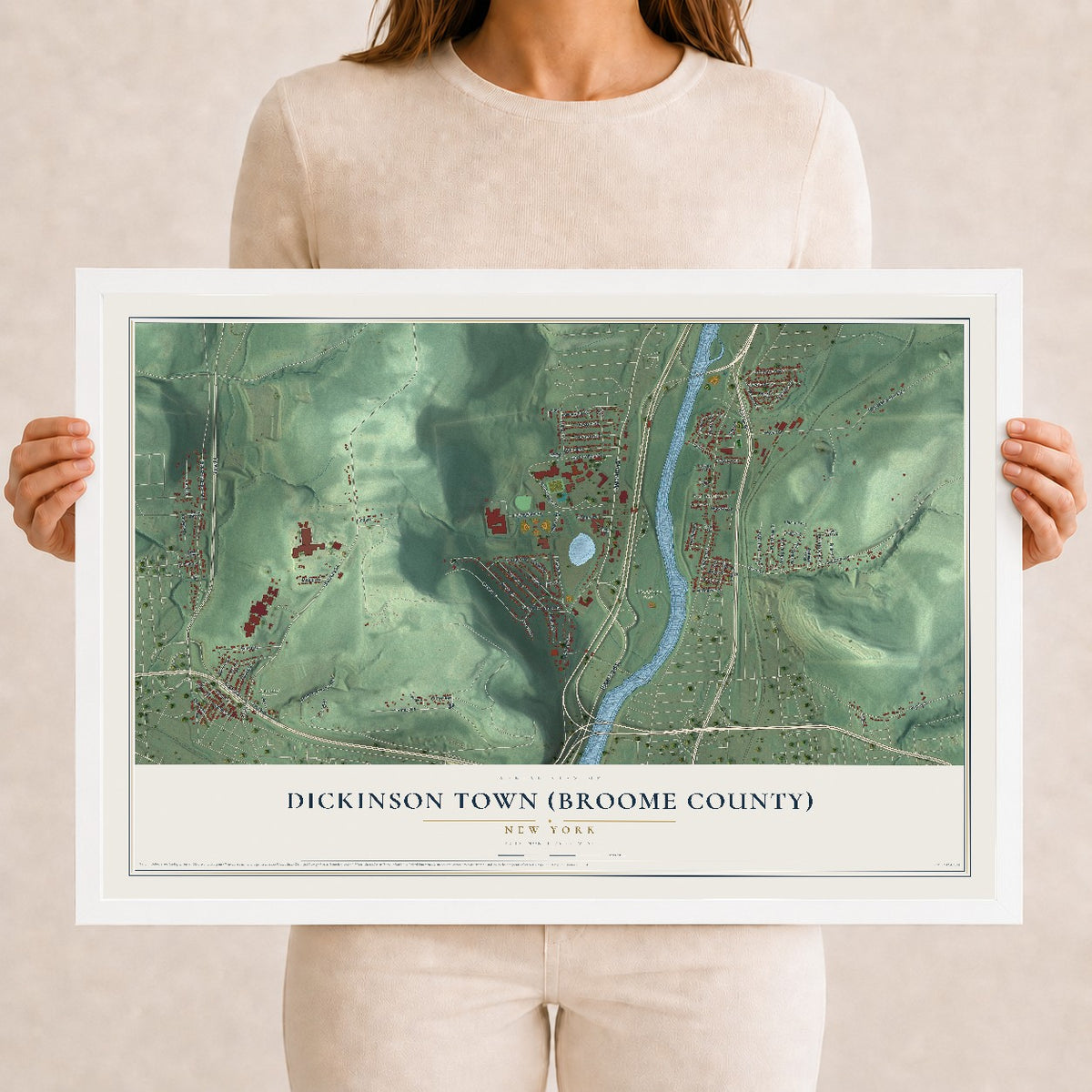 Dickinson Town (Broome County), New York map print, 12" x 18" W/ White Ayous Wood Frame mockup