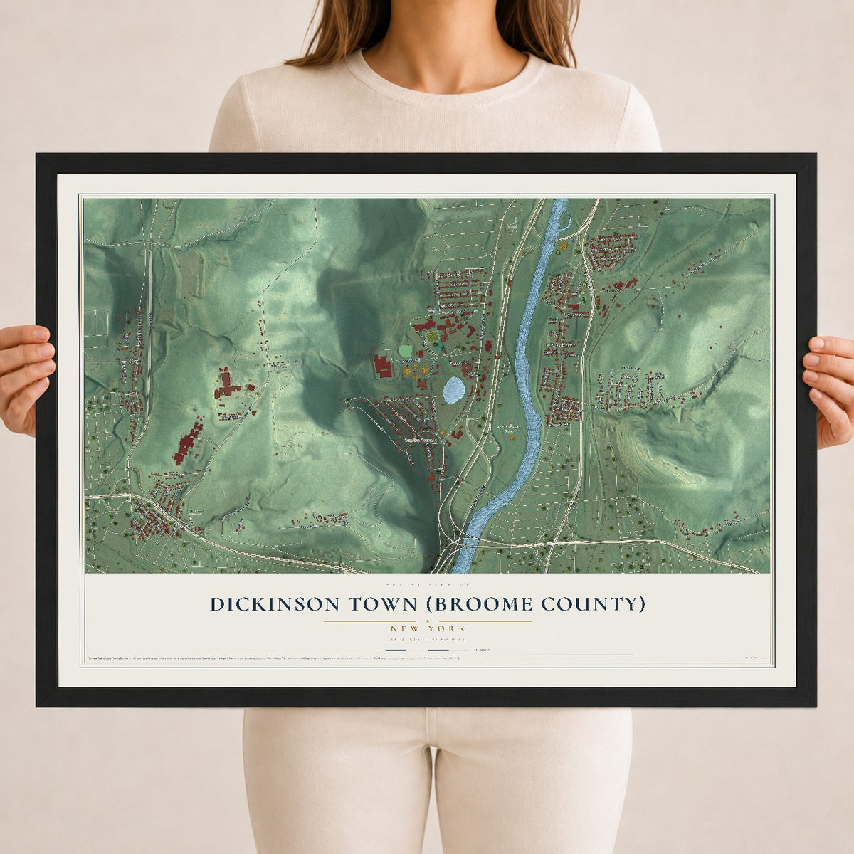 Dickinson Town (Broome County), New York map print, 18" x 24" W/ Black Ayous Wood Frame mockup
