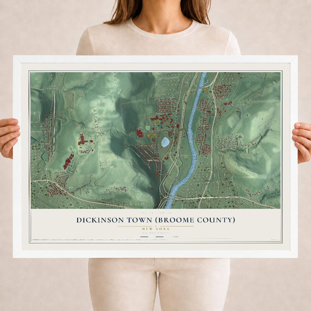 Dickinson Town (Broome County), New York map print, 18" x 24" W/ White Ayous Wood Frame mockup