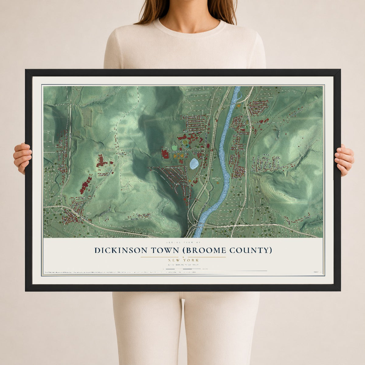 Dickinson Town (Broome County), New York map print, 24" x 36" W/ Black Ayous Wood Frame mockup