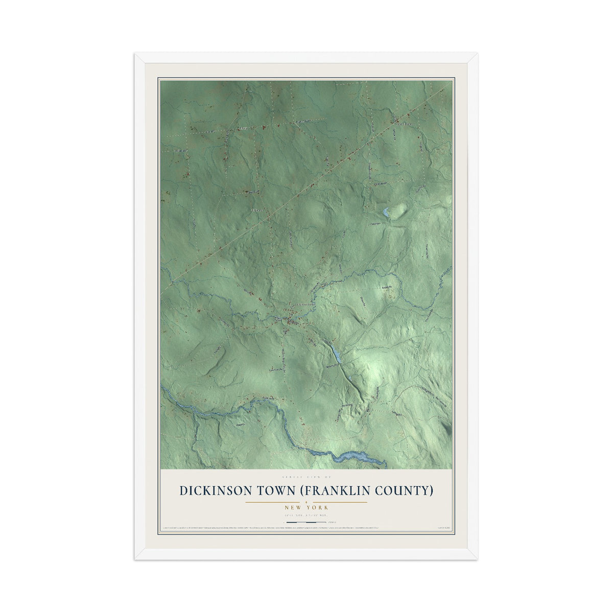 Dickinson Town (Franklin County), New York map print, 12" x 18" W/ White Ayous Wood Frame mockup