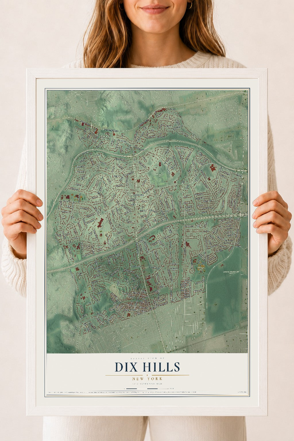Dix Hills, New York map print, 18" x 24" W/ White Ayous Wood Frame mockup