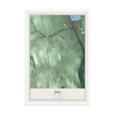 Dix, New York map print, 12" x 18" W/ White Ayous Wood Frame mockup