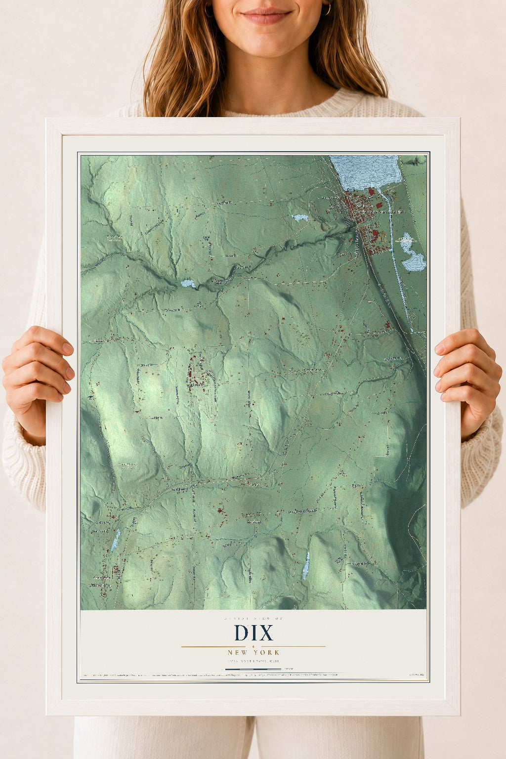 Dix, New York map print, 18" x 24" W/ White Ayous Wood Frame mockup