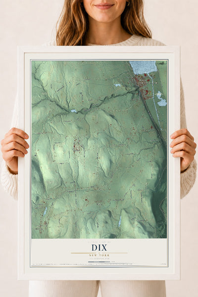 Dix, New York map print, 18" x 24" W/ White Ayous Wood Frame mockup