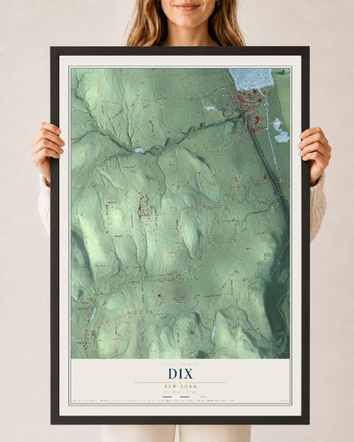 Dix, New York map print, 24" x 36" W/ Black Ayous Wood Frame mockup
