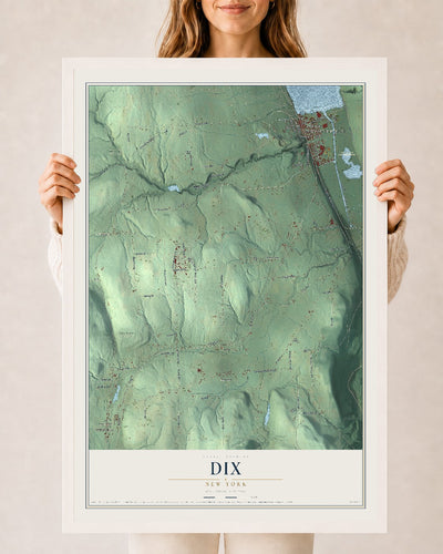 Dix, New York map print, 24" x 36" W/ White Ayous Wood Frame mockup
