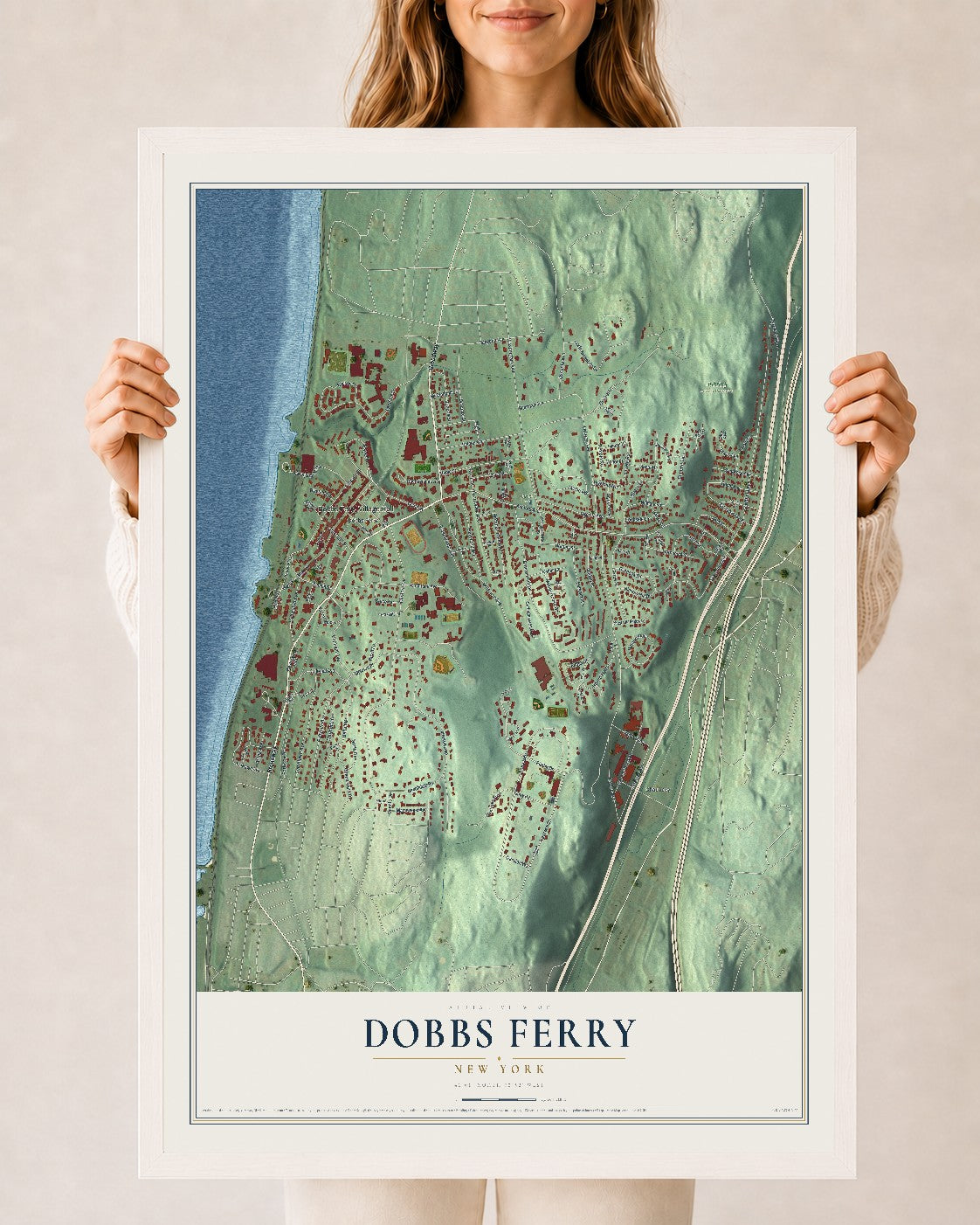 Dobbs Ferry, New York map print, 24" x 36" W/ White Ayous Wood Frame mockup