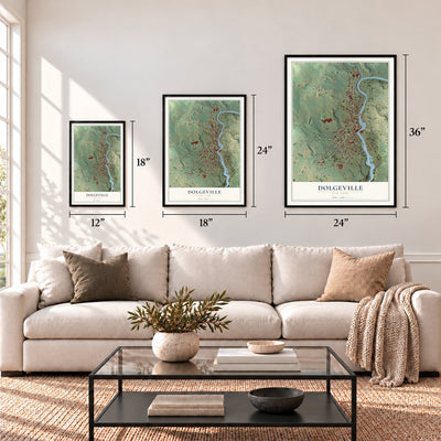 Dolgeville, New York map in 12 x 18, 18 x 24 and 24 x 36 inch sizes above a sofa