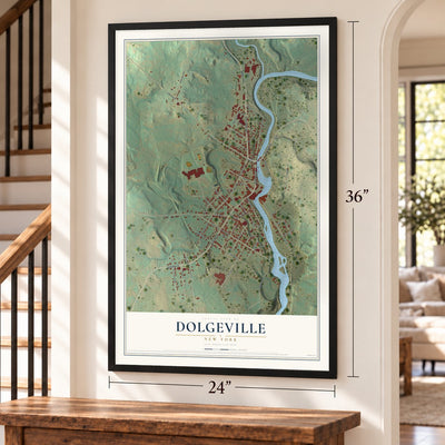 Dolgeville, New York map, 24 x 36 inch print in a black frame by a staircase
