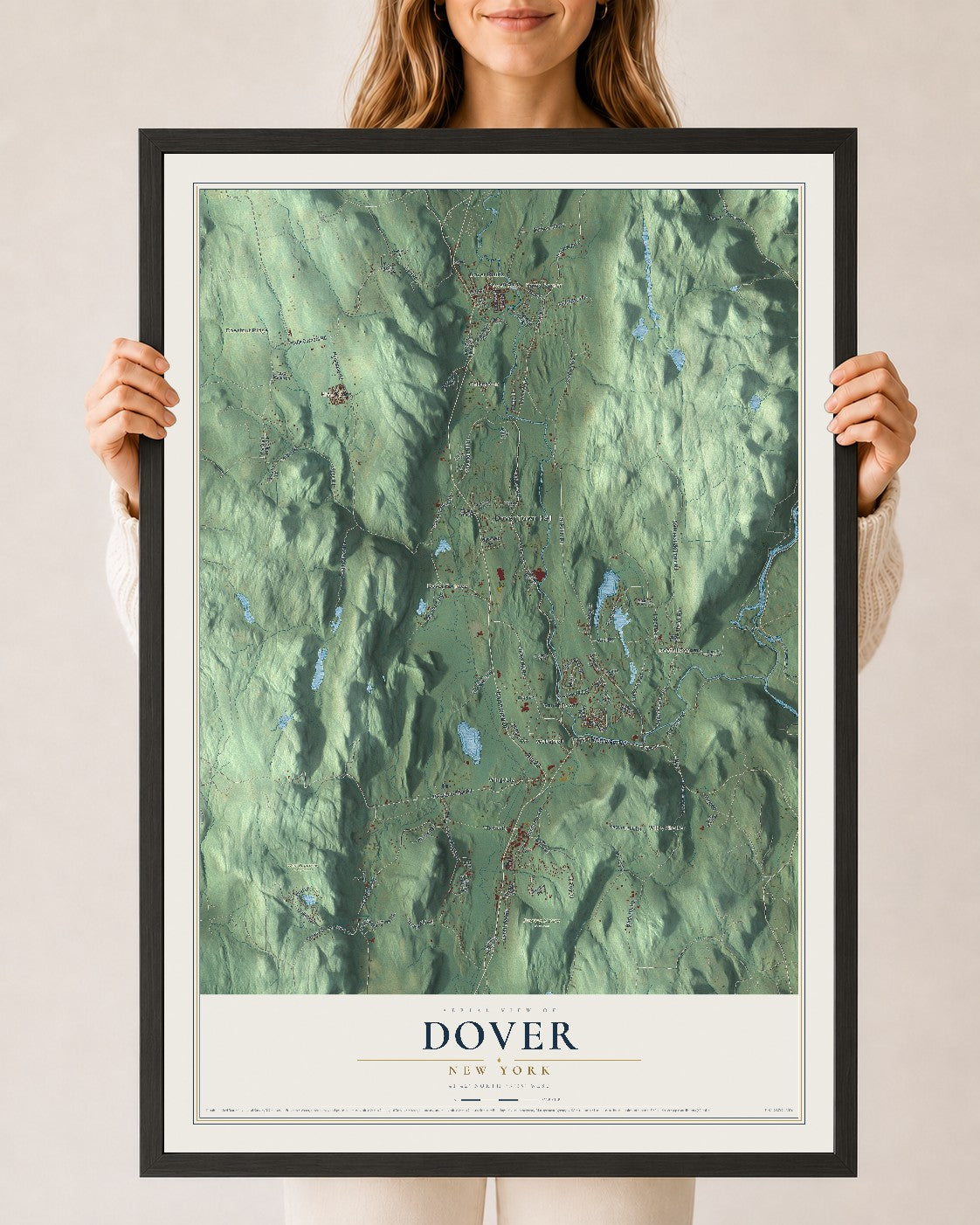 Dover, New York map print, 24" x 36" W/ Black Ayous Wood Frame mockup